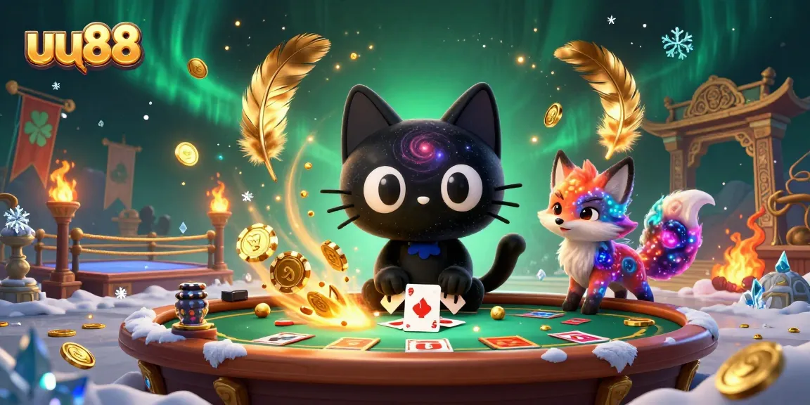 uu88 cat pulls in chips in cosmic casino scene featuring colorful gas fox companion