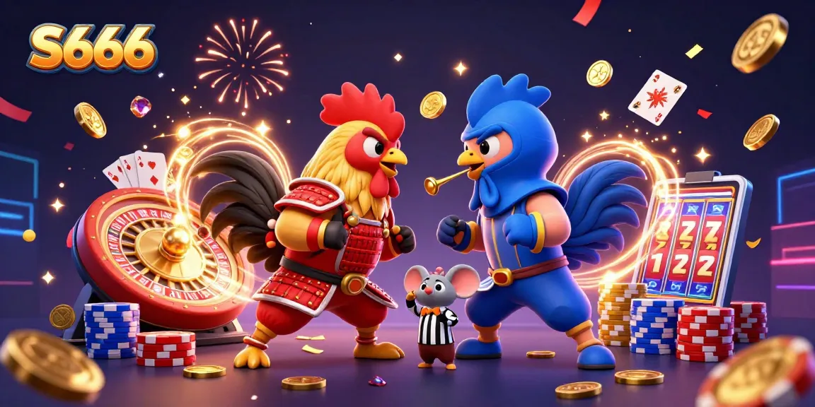 S666 highlights twin roosters in a dramatic gambling showdown amidst coins and colorful casino elements.