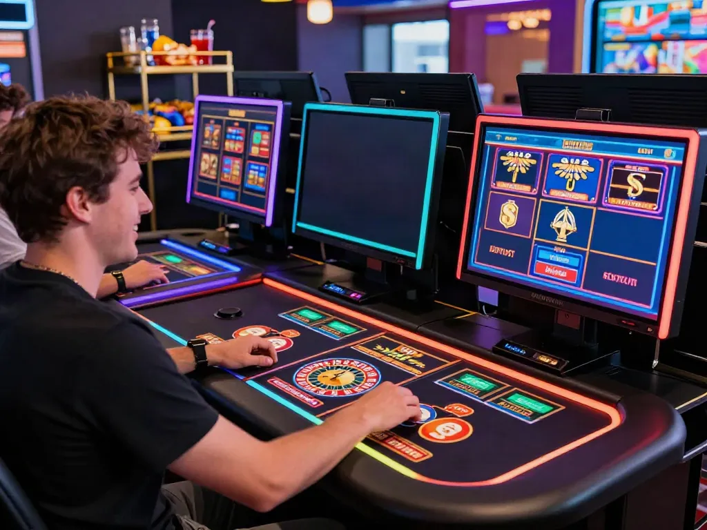 Exciting non GamStop UK casino experience with a player at a colorful gaming desk.