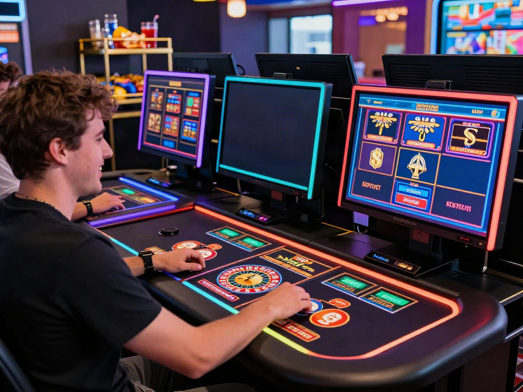 Exciting non GamStop UK casino experience with a player at a colorful gaming desk.