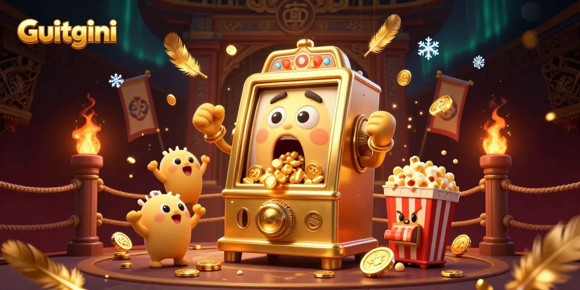Engage with Guitgini's vibrant slot machine celebration, featuring golden jackpots and cheering characters.