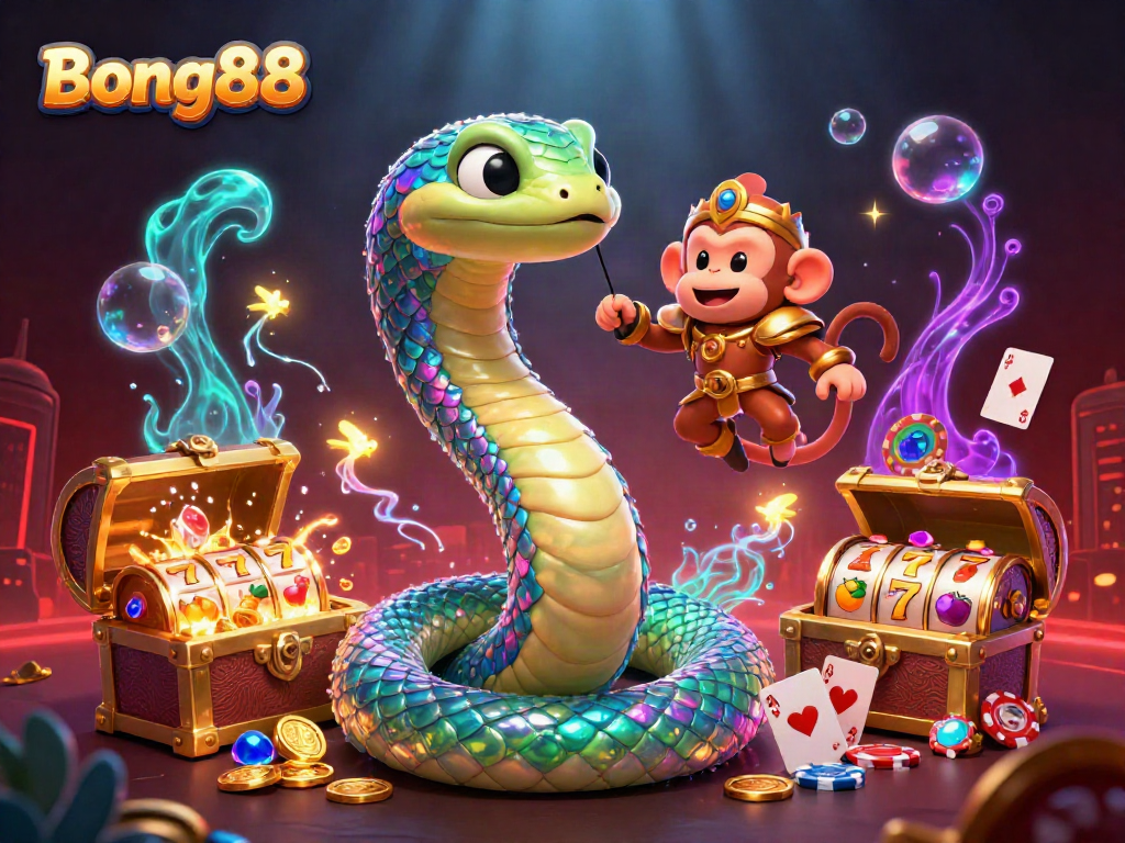 Bong88 brings the excitement of slots with a vibrant illustration featuring a rainbow serpent and playful gaming elements.
