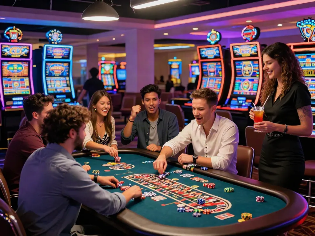 Exciting scene at a non gamstop UK casino with players enjoying roulette and slots.