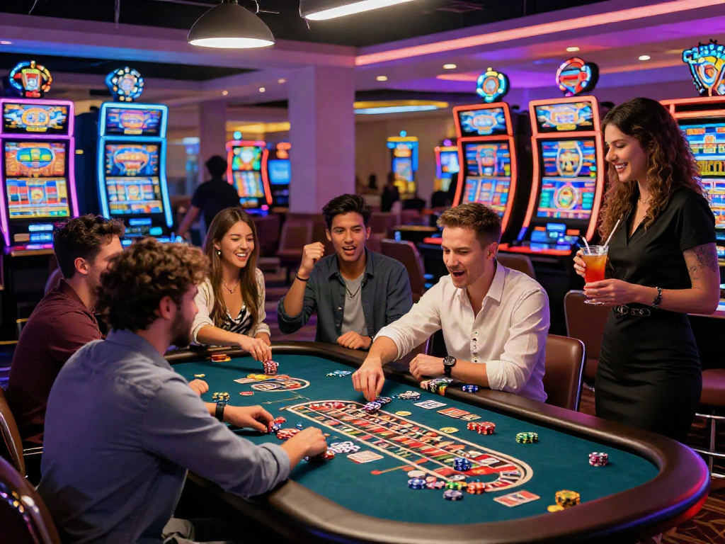 Exciting scene at a non gamstop UK casino with players enjoying roulette and slots.