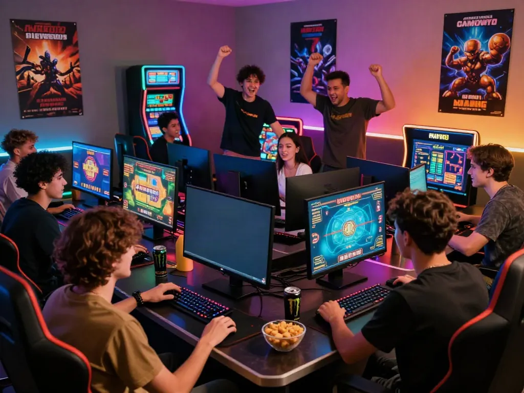 Group of friends enjoying a non gamstop UK casino experience with glowing gaming setup and vibrant atmosphere.