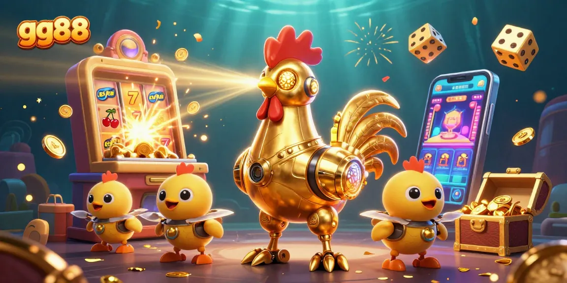Experience the excitement of gg88 with a vibrant 3D casino illustration featuring golden robots and jackpot themes.