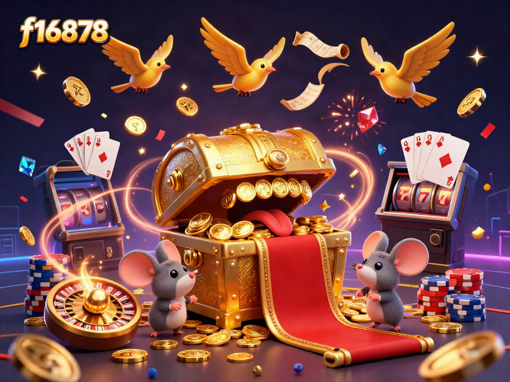 Engaging scene showcasing f16878 with a treasure chest, coins, and lively casino elements