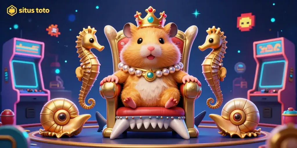 Engage with "situs toto" in a vibrant 3D scene featuring a golden hamster king on a shark tooth throne amidst arcade games and seahorse guards.