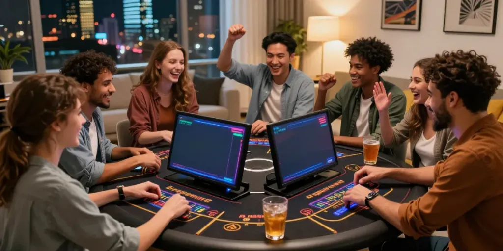 Exciting non GamStop UK casino gaming experience with friends enjoying a lively atmosphere.