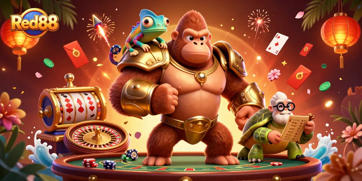 Play thrilling games at Red88 with a powerful gorilla king, spinning poker chips, and ancient scroll.
