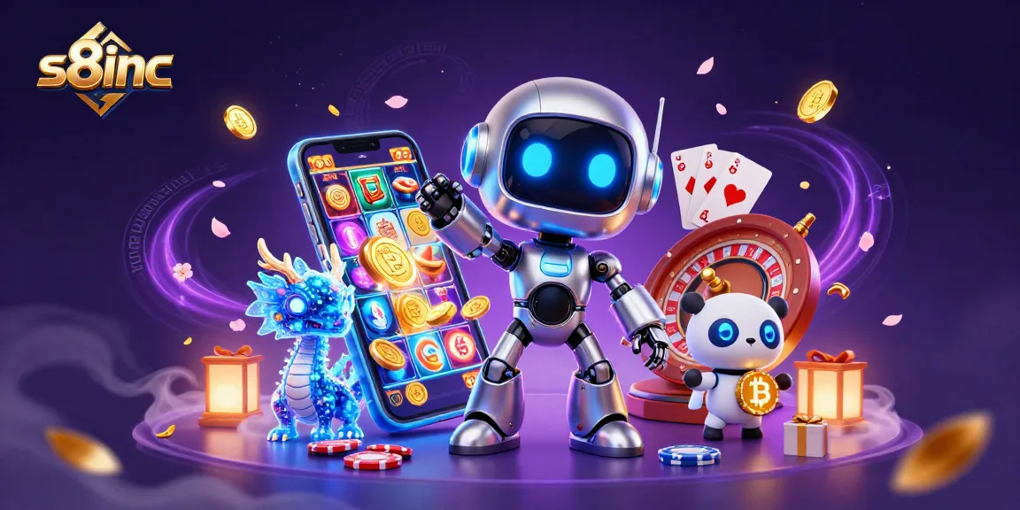 Engage with the vibrant world of s8inc, where a holographic dragon and chrome robot showcase thrilling casino games.