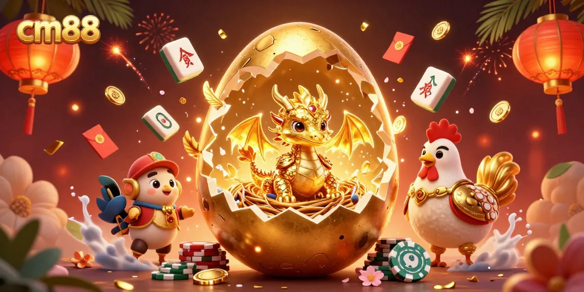 Experience cm88's exciting gaming atmosphere with a golden dragon among poker chips and vibrant casino elements.