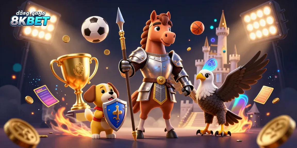 Engage in the excitement of đăng nhập 8KBET with this vibrant 3D illustration of medieval characters surrounded by dynamic sports elements.