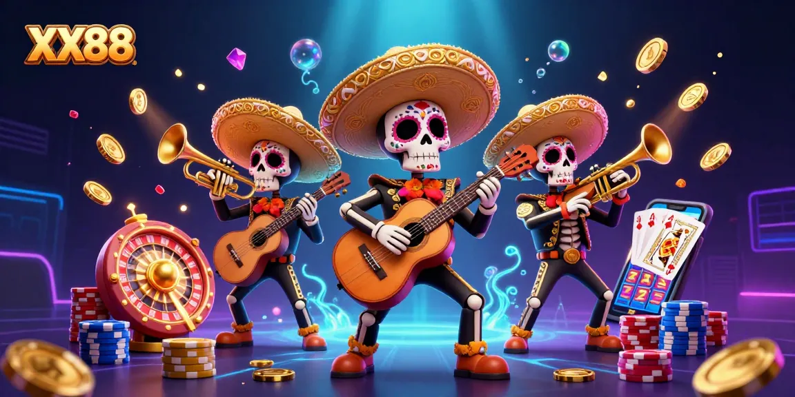 Experience the thrill of gambling with the colorful XX88 mariachi band celebration amid flying coins and vibrant casino elements.