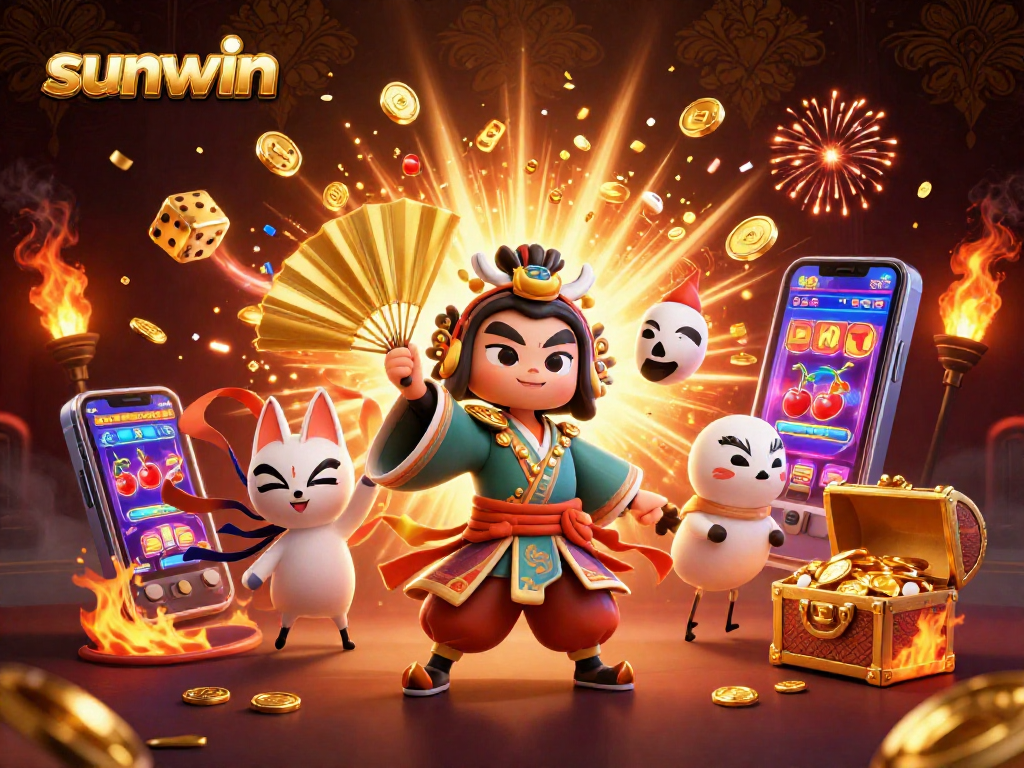Experience the thrill of sunwin slots with a kabuki warrior and vibrant casino elements.