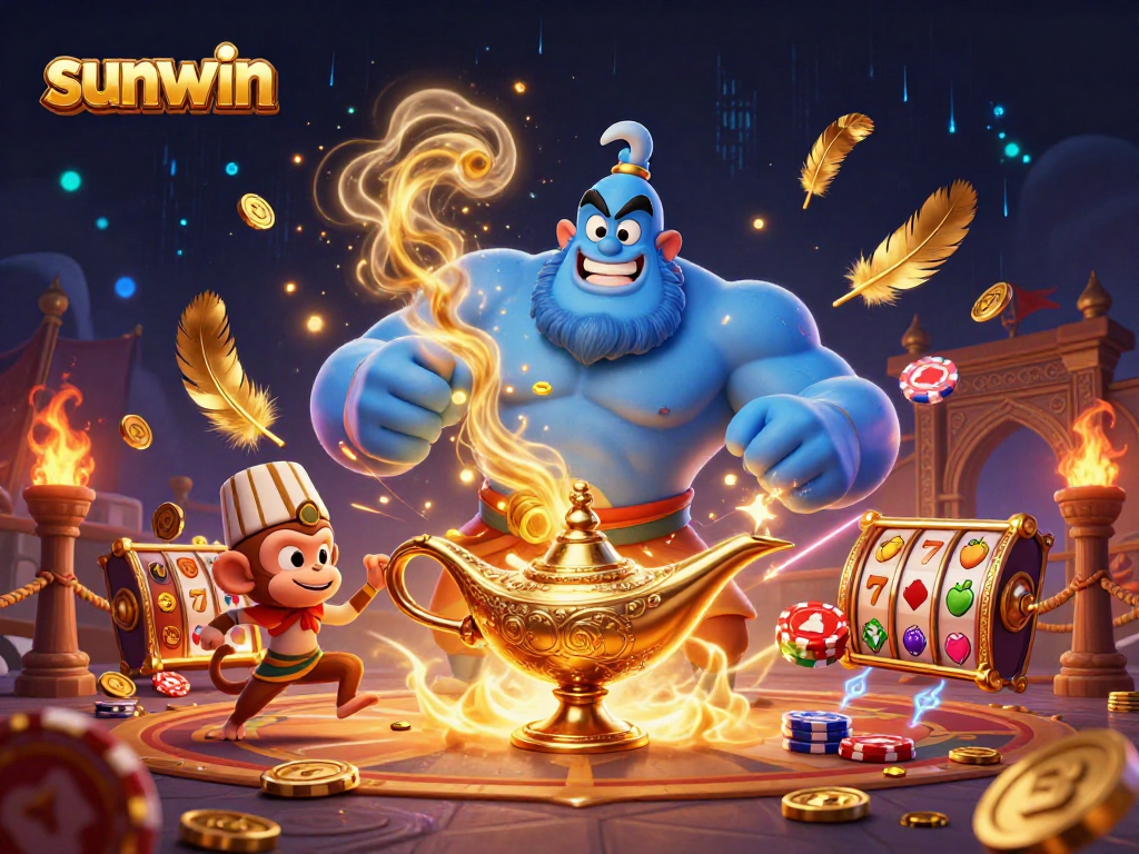 Engage with sunwin as a massive blue genie emerges, surrounded by casino elements and vibrant surroundings.