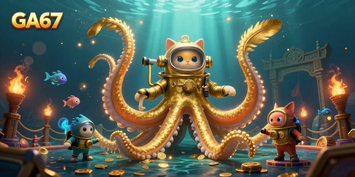 Experience GA67 with a dynamic 3D scene featuring a colossal kraken, diving cat, and bioluminescent fish engaging in thrilling cockfighting action.