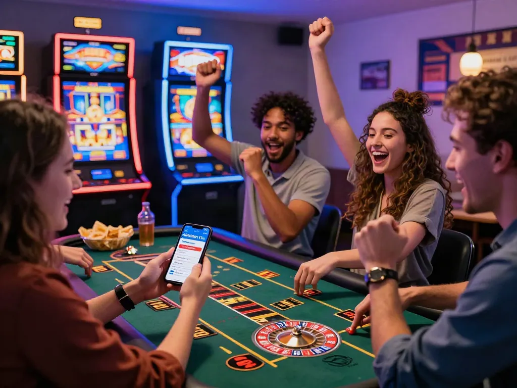 Friends enjoying a gaming night at a non Gamstop UK casino, celebrating wins and excitement.