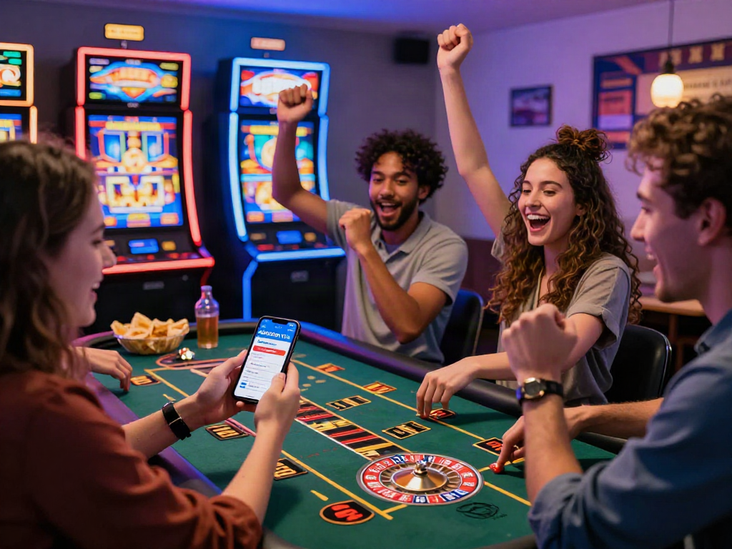 Friends enjoying a gaming night at a non Gamstop UK casino, celebrating wins and excitement.