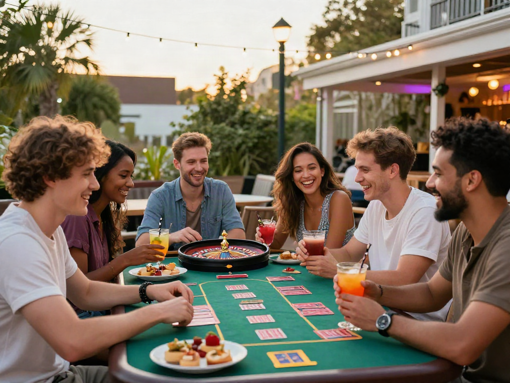 People enjoying a lively atmosphere at a non GamStop UK casino, playing games and socializing.