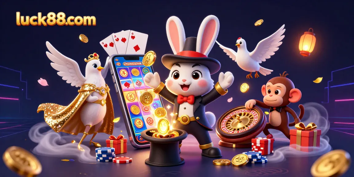 Engage with luck88com's thrilling casino world, featuring a magician rabbit, a glamorous dove, and a playful monkey!