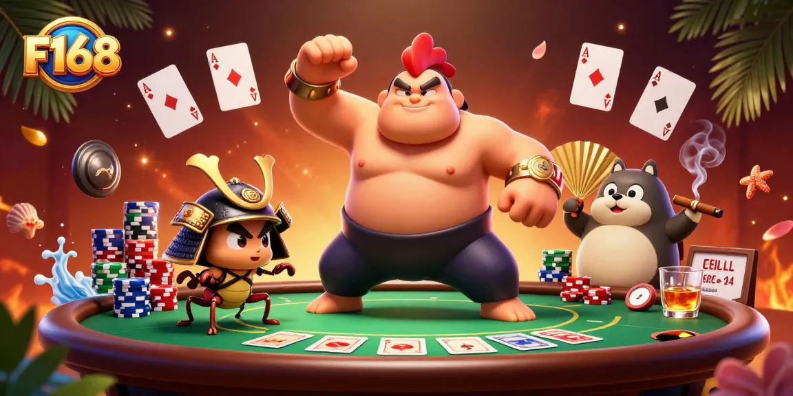 Experience thrilling moments at F168 with vibrant poker action featuring a powerful rooster and samurai cricket.