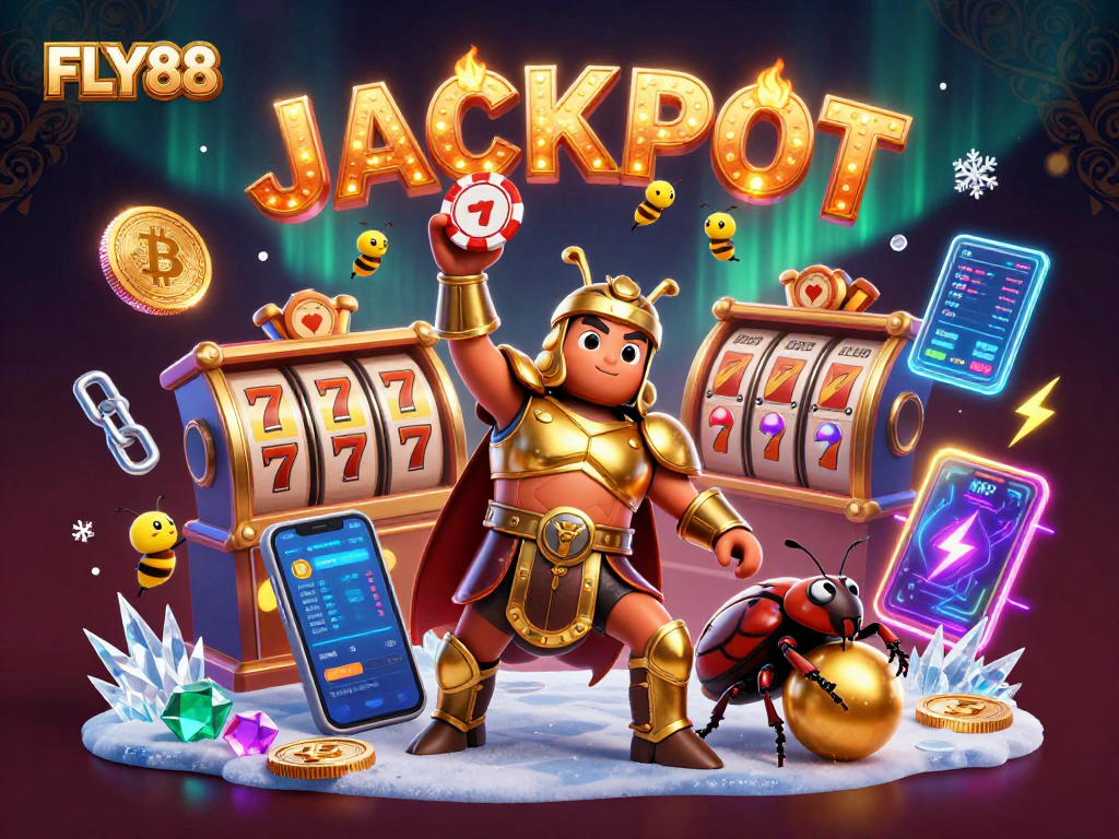 FLY88 jackpot celebration with a hercules beetle and exciting casino elements.