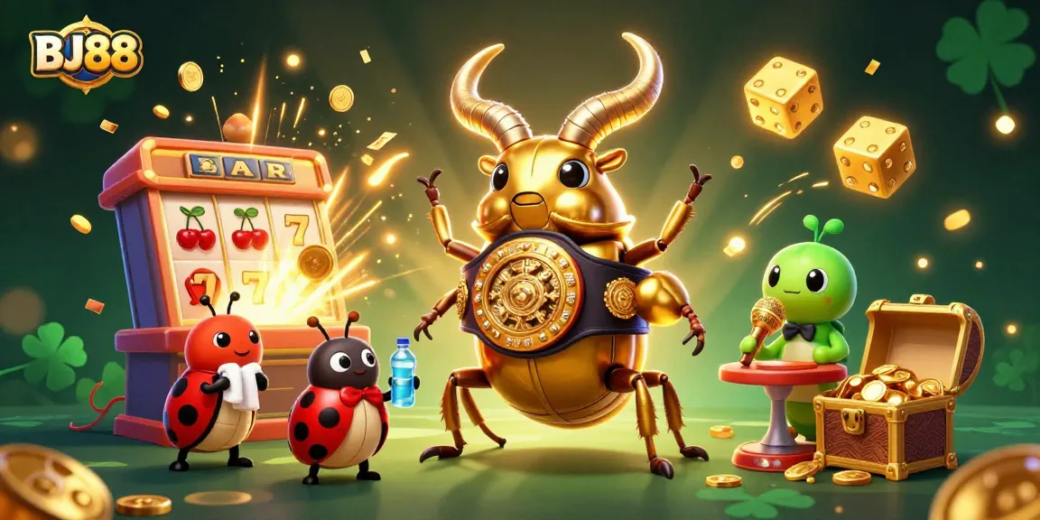 BJ88 showcases vibrant casino excitement with a giant beetle champion, adding energy to online betting.