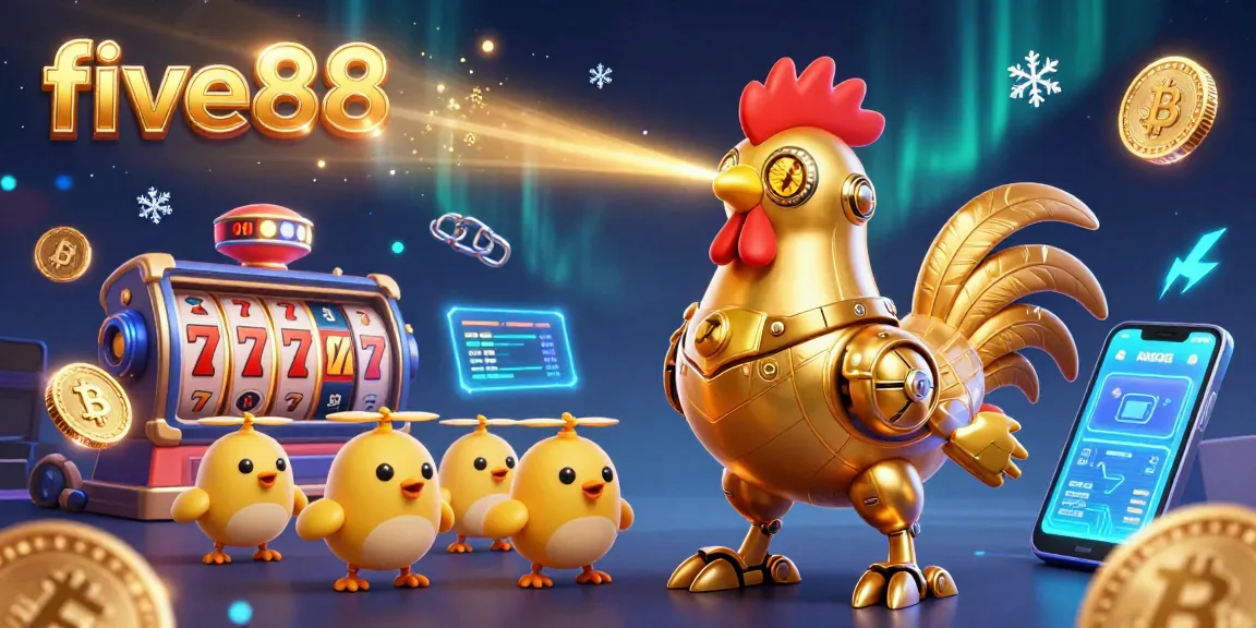 Engage in thrilling gaming at five88 features a golden rooster robot amidst vibrant casino elements.