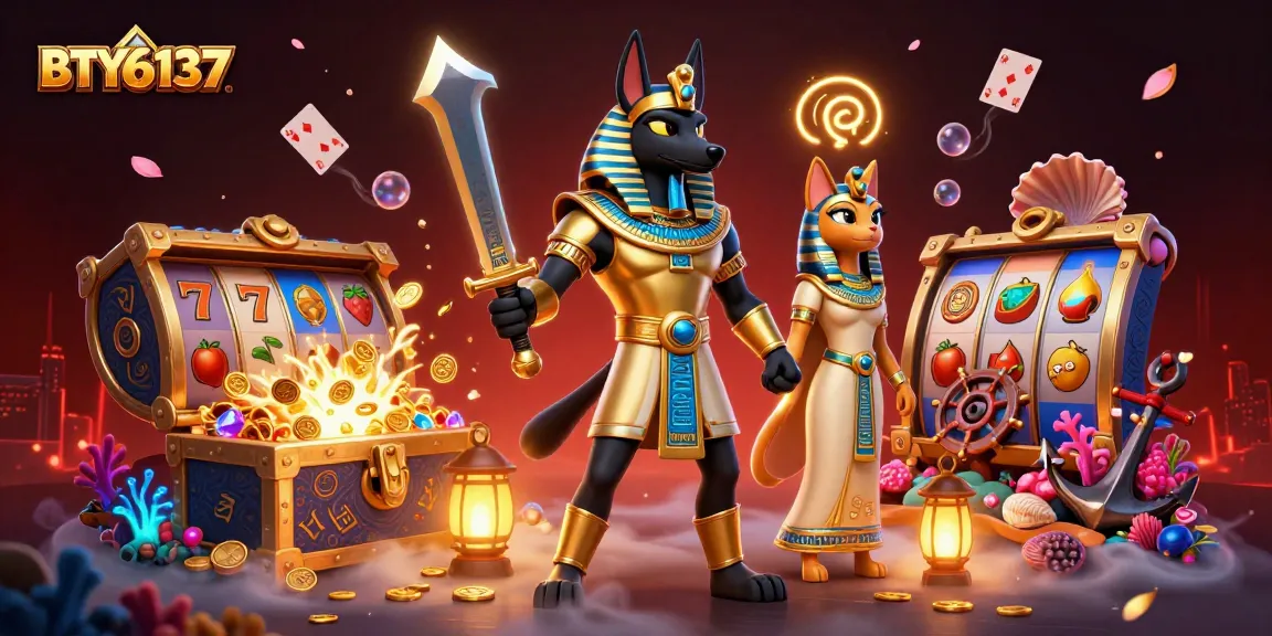 Engage with BTY6137 in a vibrant casino scene featuring Anubis and Bastet among gaming treasures.