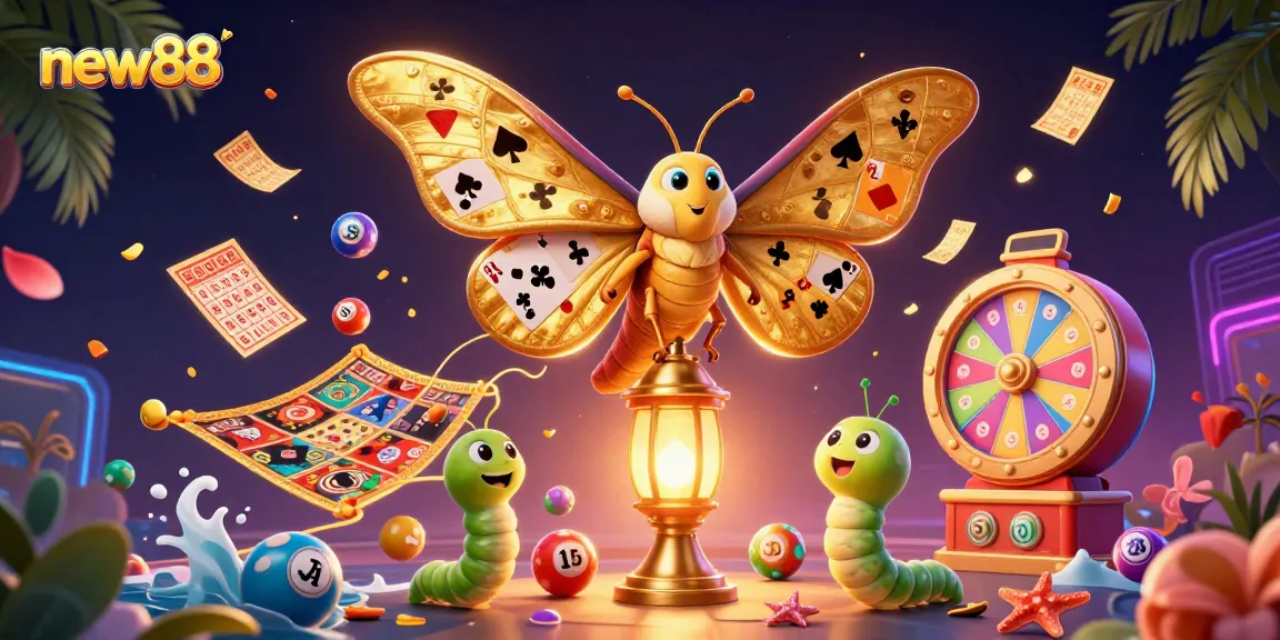 Experience thrilling games at new88 with dynamic scene featuring vibrant lottery elements and a golden atlas moth.