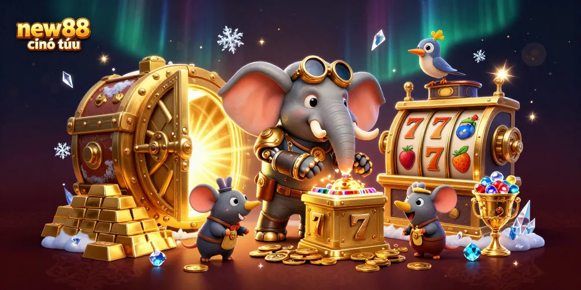 Experience the excitement of new88 chính thức with a dynamic steampunk scene featuring slot machines and treasures