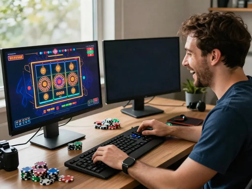 Excited player engaging with a non gamstop uk casino game on dual monitors in a vibrant home office.