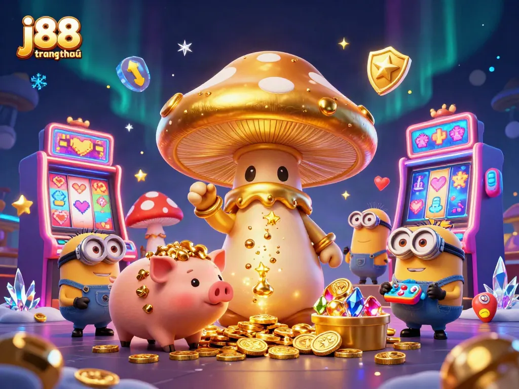 Join the excitement at j88 trang chủ with a golden wizard, treasure pig, and colorful slot machines in a mystical 3D casino scene.