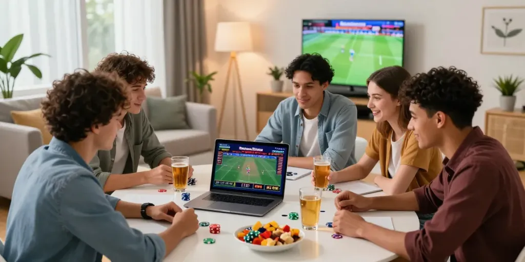 Friends enjoying a lively online game at a non Gamstop UK casino while sharing snacks and drinks.