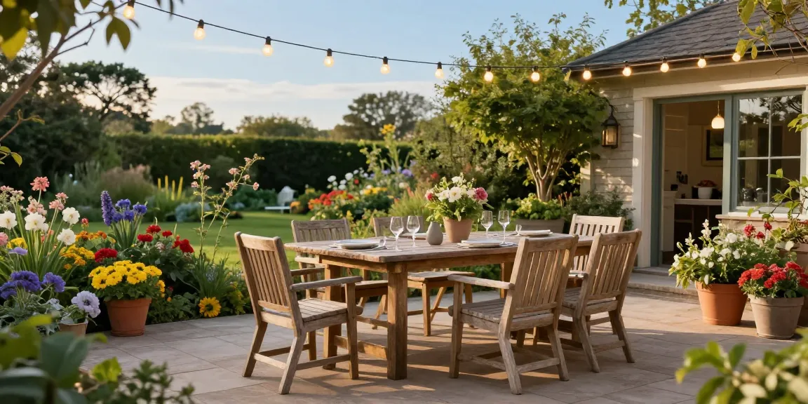 Beautiful Charles Taylor garden furniture set in a charming patio setting with flowers and fairy lights.