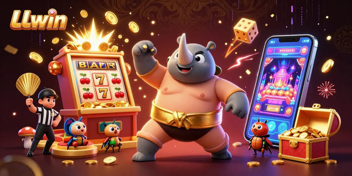 LLwin features a thrilling casino illustration of a beetle champion amidst a jackpot explosion.
