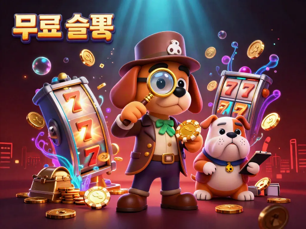 Experience 무료슬롯 with a detective and bulldog uncovering treasures amidst vibrant casino elements.