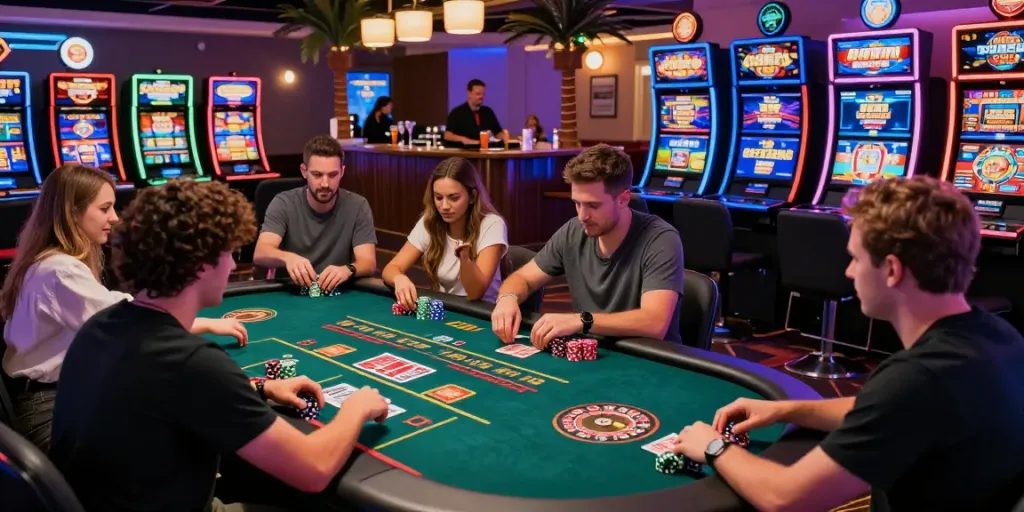 Exciting non Gamstop UK casino atmosphere with diverse players engaged in lively games and illuminated tables.