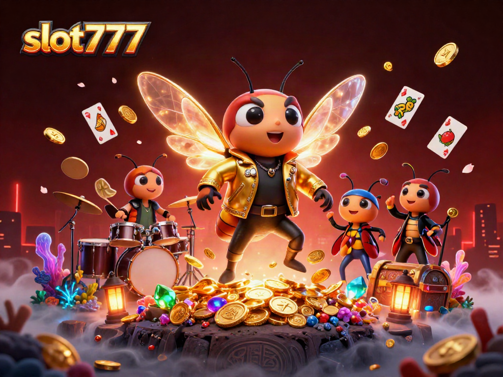 Experience exciting wins in slot777 with a vibrant 3D casino scene featuring dynamic characters and game elements.