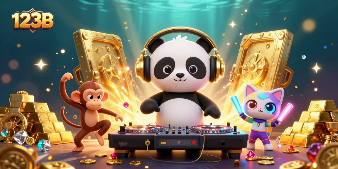 Experience the fun at 123B casino with DJ panda, dancing monkey, and glow-stick kitten!