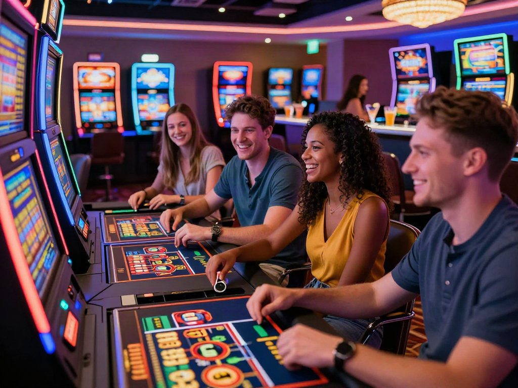 Exciting gaming experience at a non Gamstop UK casino with friends enjoying slot machines and roulette.