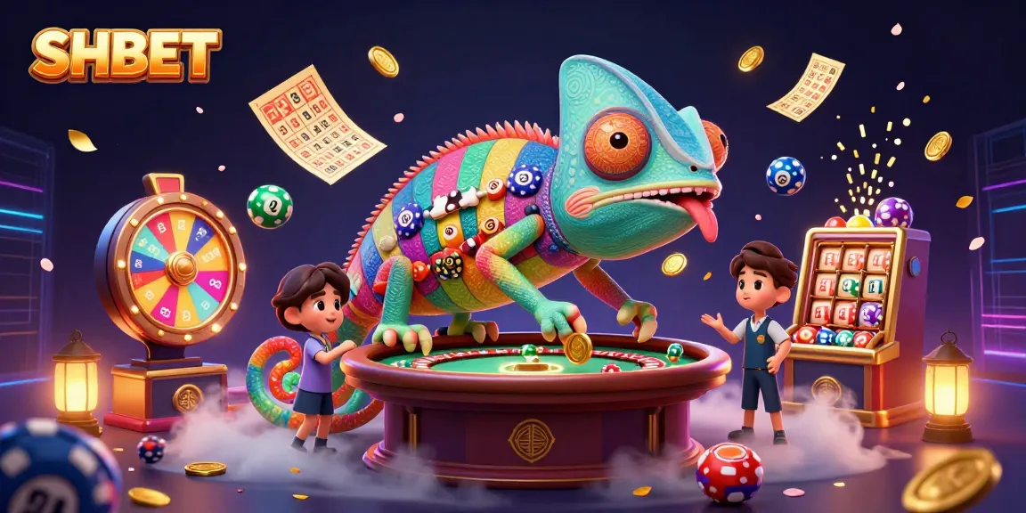 Experience thrilling entertainment with SHBET's dynamic casino scene featuring colorful games and vibrant characters.
