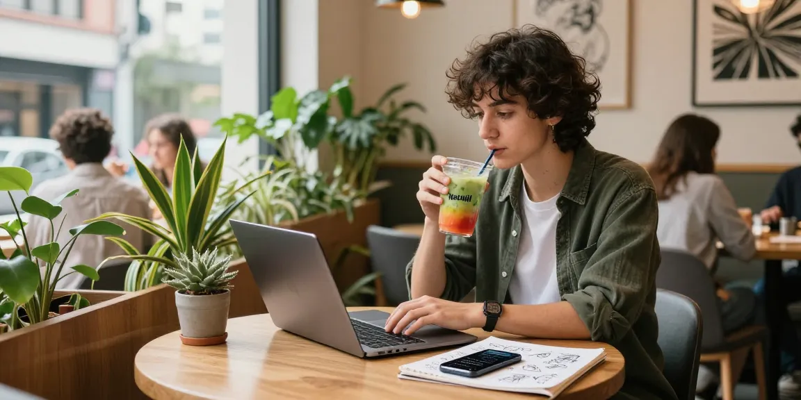 Engaging urban lifestyle scene with a trendy individual enjoying 'Motchill' drink while working at a cafe.