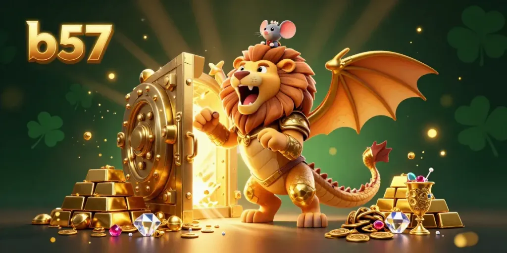 Experience thrilling gameplay with the b57 chimera creature in golden armor amidst treasure and gems.