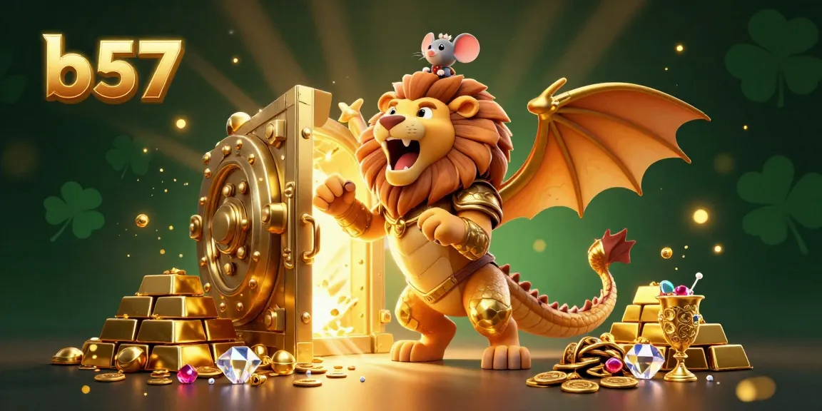 Experience thrilling gameplay with the b57 chimera creature in golden armor amidst treasure and gems.