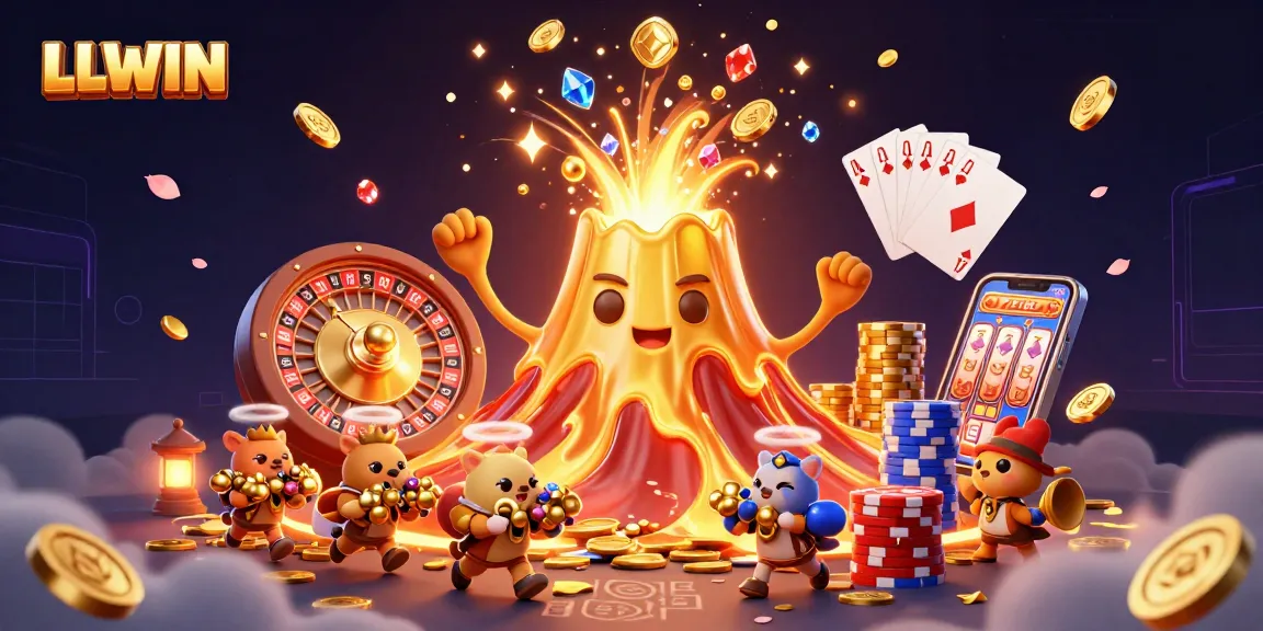 Experience the excitement of LLWIN with gold coins cascading, a triumphant volcano, and iconic casino elements.