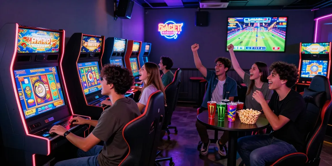 Friends enjoying the naga slot game in a vibrant gaming lounge filled with LED lights.