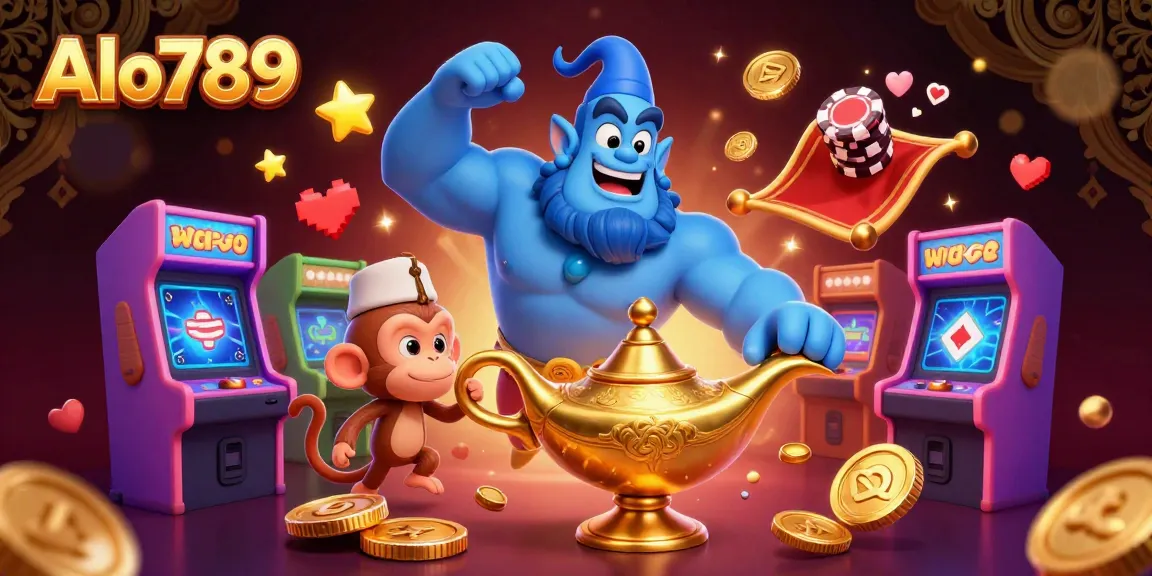 Alo789 introduces exciting gaming with a genie and a monkey, surrounded by vibrant casino elements.