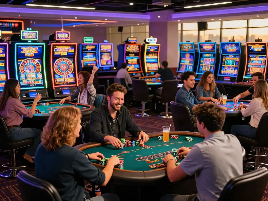 Energetic players enjoying games at a non gamstop UK casino with vibrant lighting and modern décor.